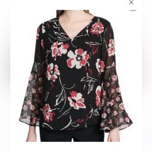 Women’s Calvin Klein Black Blouse Red Floral Print Long Bell Sleeve Small NWT‎